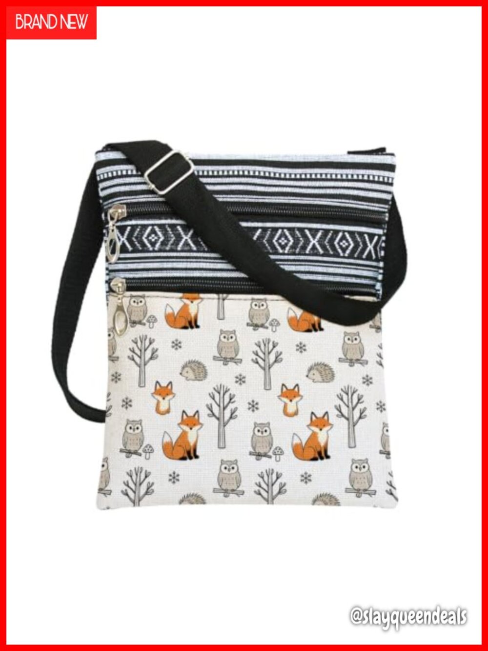 Boho Crossbody Bag Cute Cartoon Fox Owl Hedgehog Print Ethnic Messenger Purse